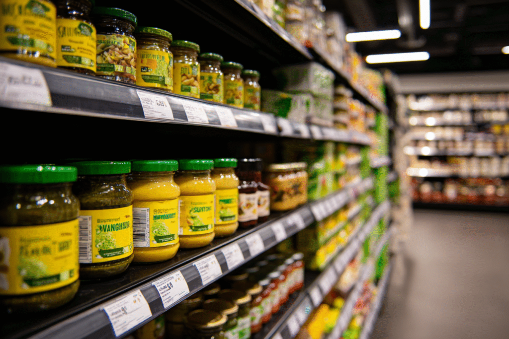 pistachio butter jars on a grocery shelf